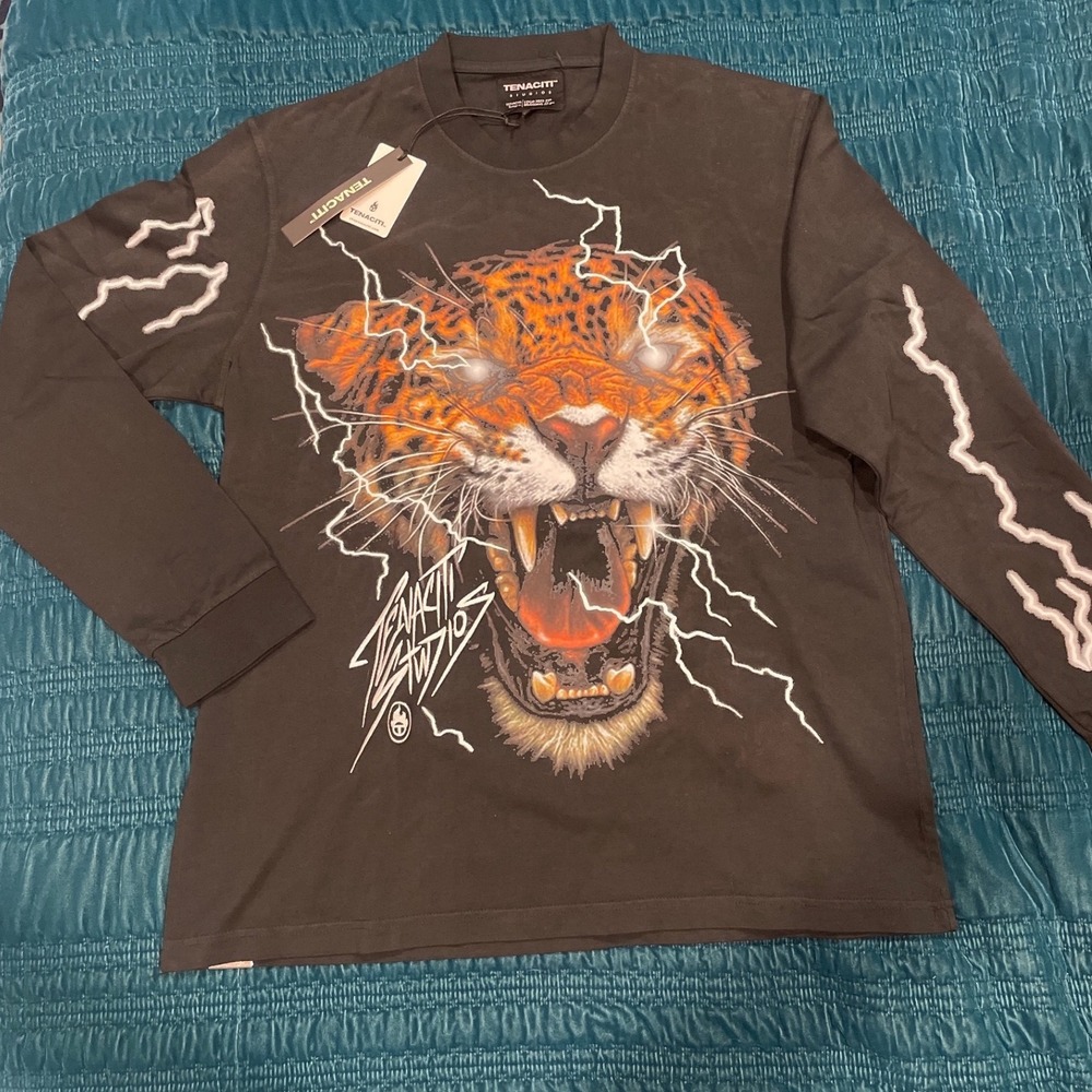 TENACITI Studios Mens Long Sleeve T Shirt Tiger Lightning Graphic XXL Black